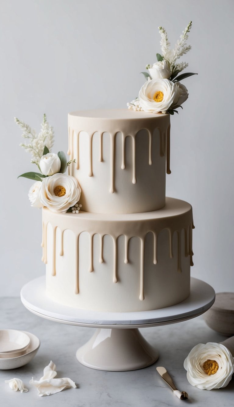 A fondant cake with a smooth, elegant drip effect cascading down the sides, adorned with sculpted details