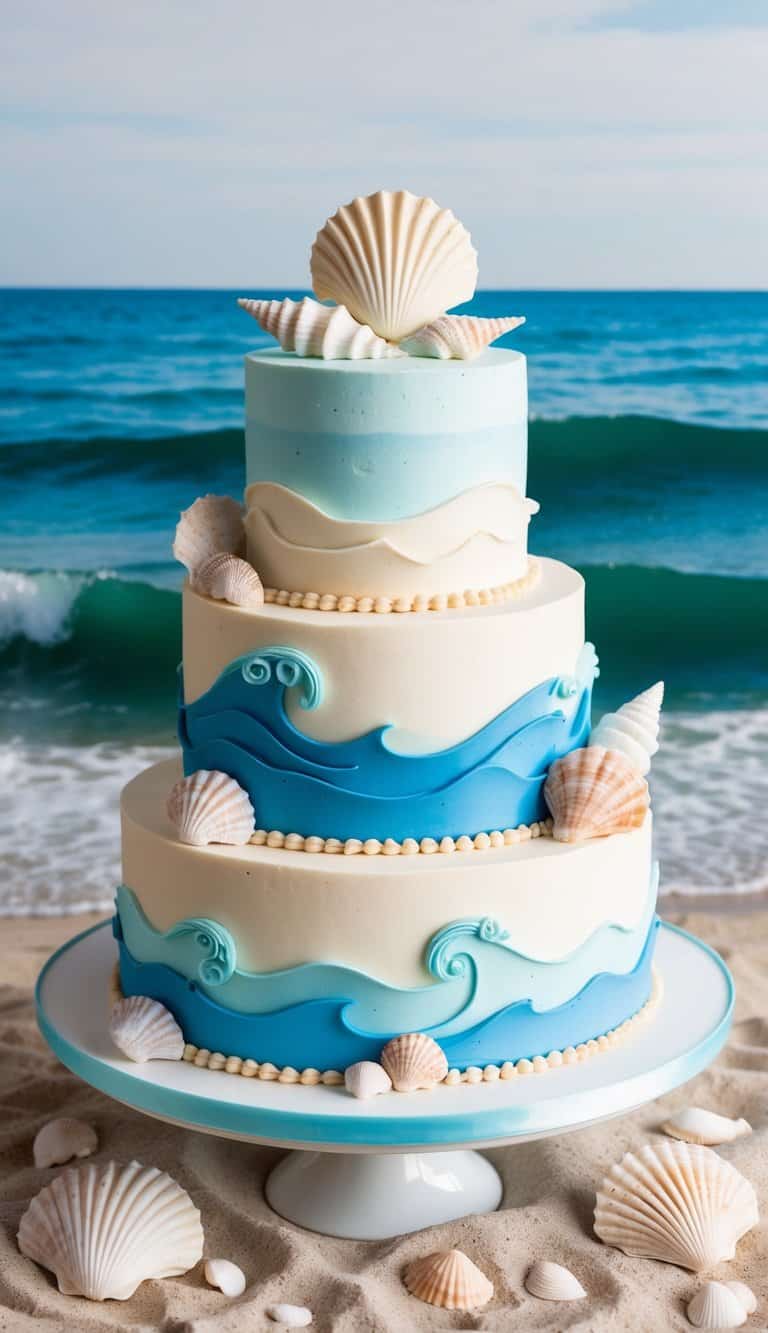 A beach-themed cake adorned with seashells and waves, set against a backdrop of sand and ocean waves
