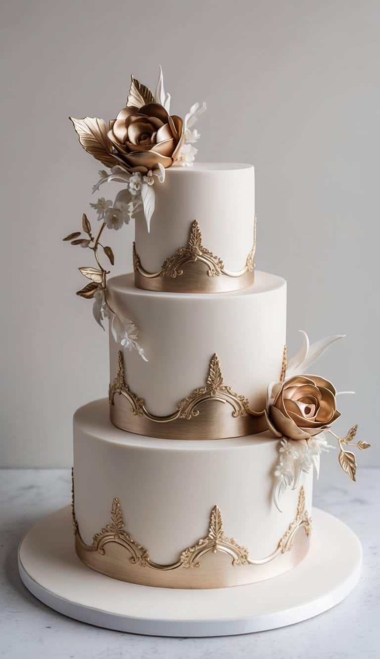 An elegant fondant cake adorned with sculpted metallic details