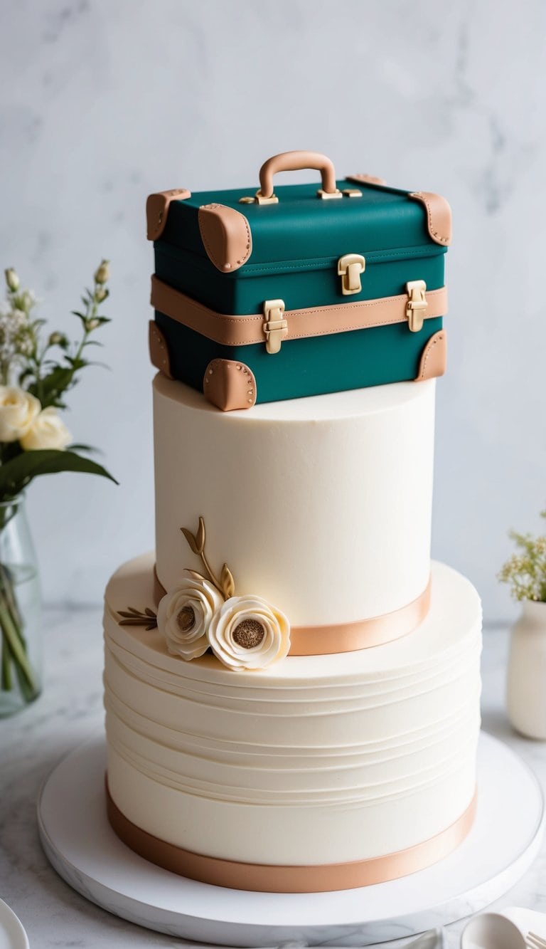 A fondant suitcase sits atop an elegant cake, adorned with sculpted details, perfect for travel lovers