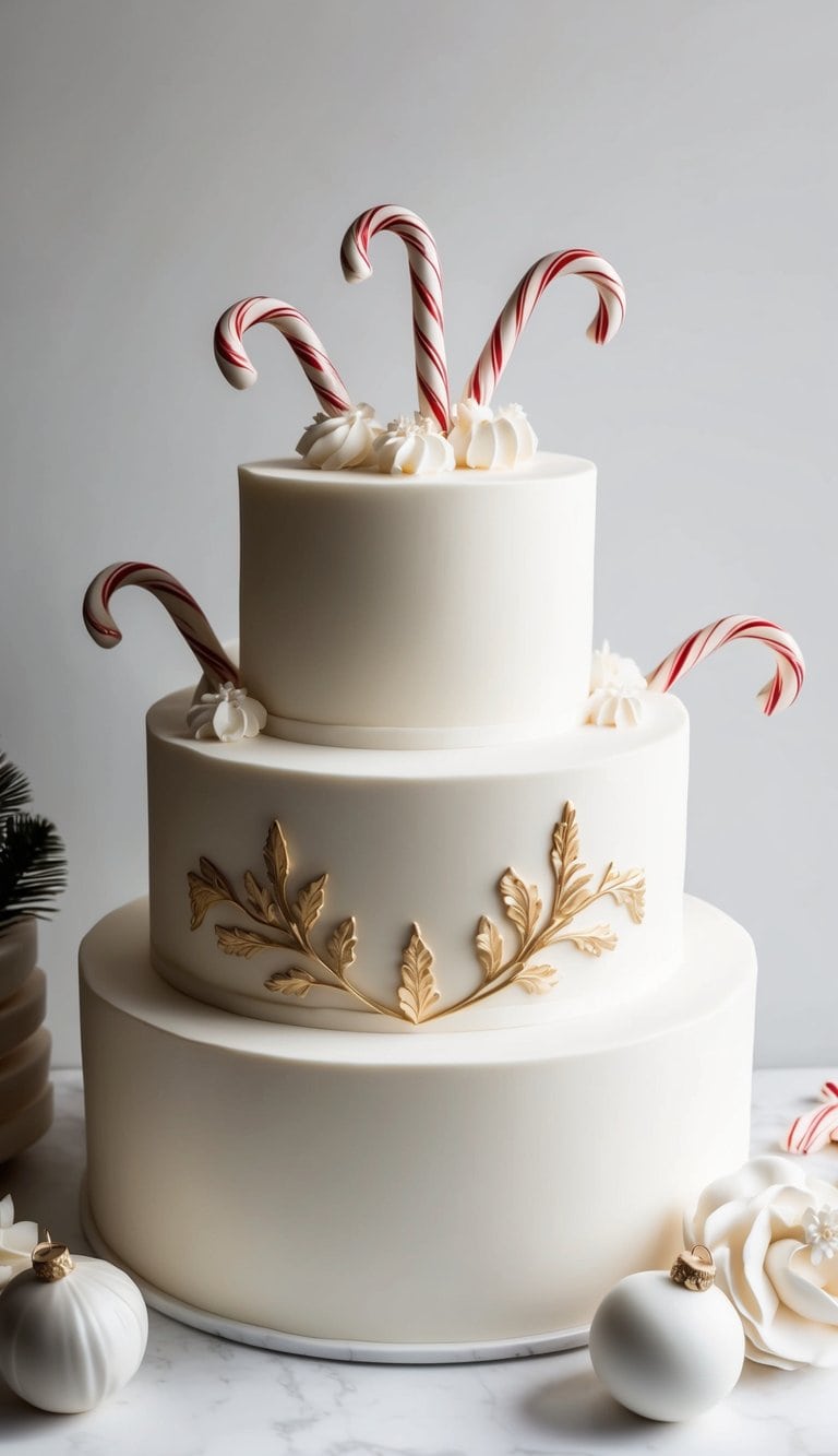 A table adorned with elegant fondant candy canes and sculpted details on smooth fondant cakes