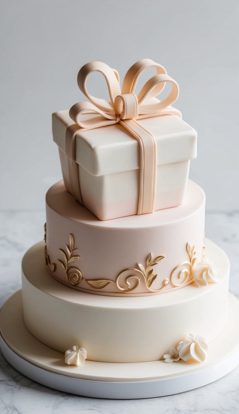 A fondant gift package adorned with elegant and smooth sculpted details