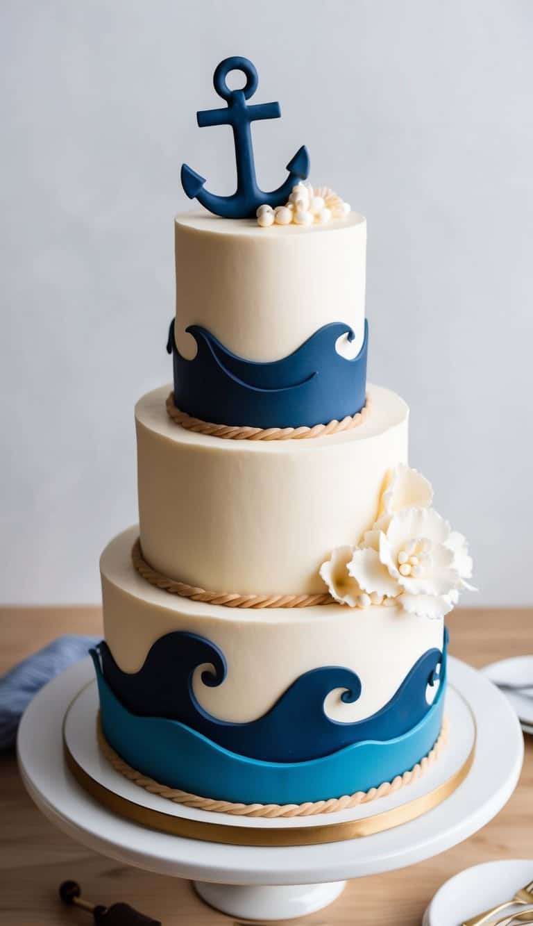 A nautical-themed cake with sculpted anchors and waves