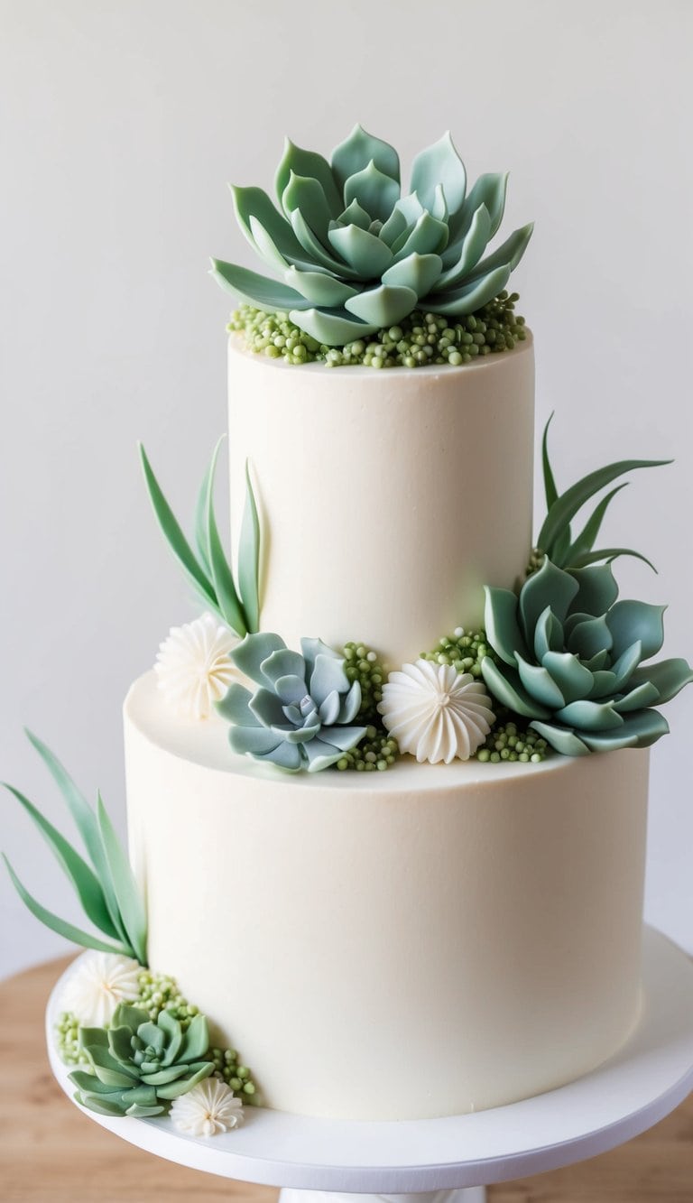 A fondant succulent garden adorns an elegant cake, with sculpted details and smooth icing