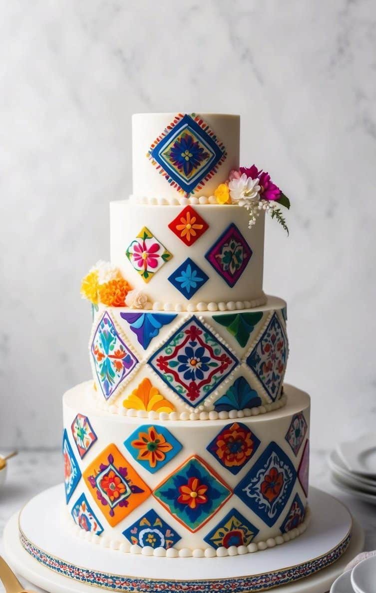 A four-tiered white cake decorated with colorful, tile-inspired floral patterns and geometric designs, topped with small fresh flowers. Plates and cutlery are arranged nearby on a marble surface.