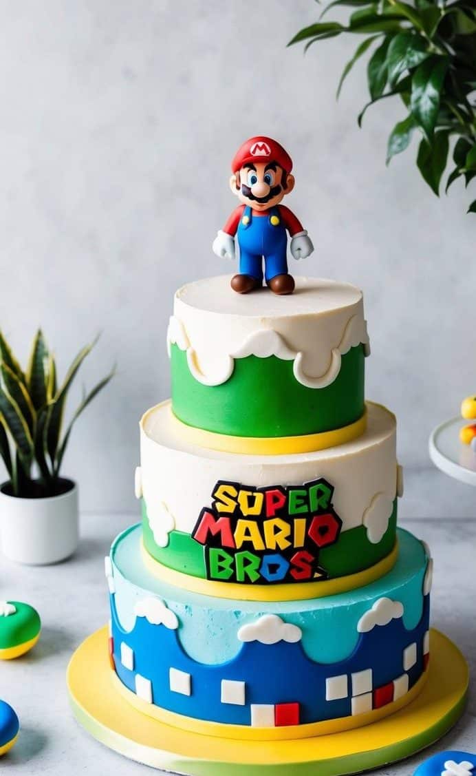 A three-tiered Super Mario Bros. cake features Mario on top, colorful game-themed decorations, and pixelated designs. Video game controller cookies and potted plants surround the cake on a white table.