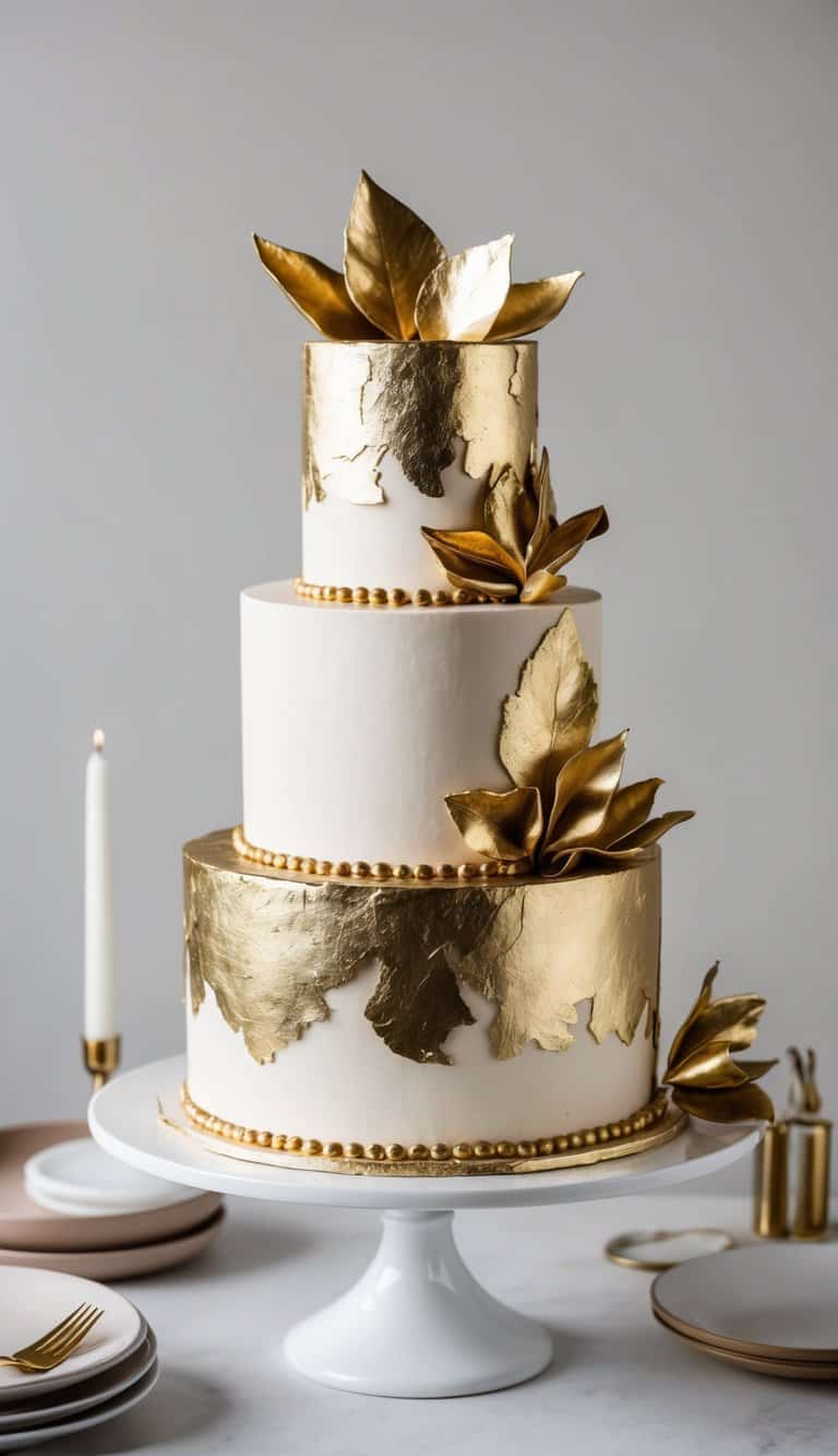 A decadent cake adorned with shimmering gold leaf and metallic accents