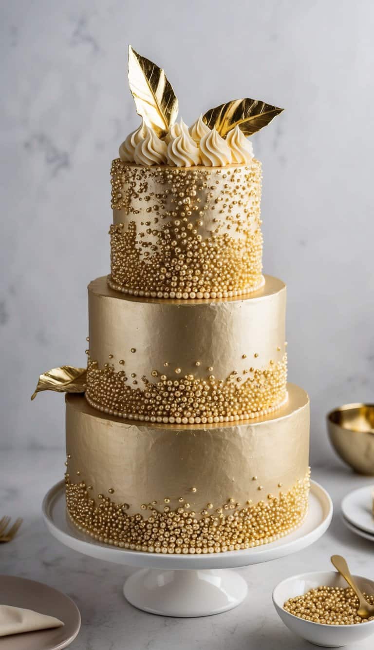 A decadent gold cake adorned with shimmering gold pearl sugar sprinkles and metallic gold leaf accents