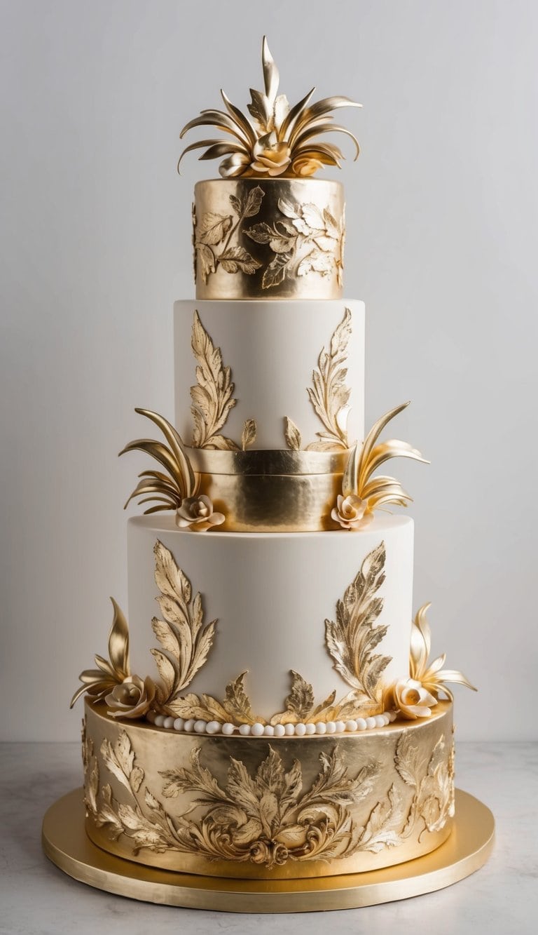 A grand, opulent cake adorned with intricate gold leaf and metallic finishes, creating a luxurious and elegant design