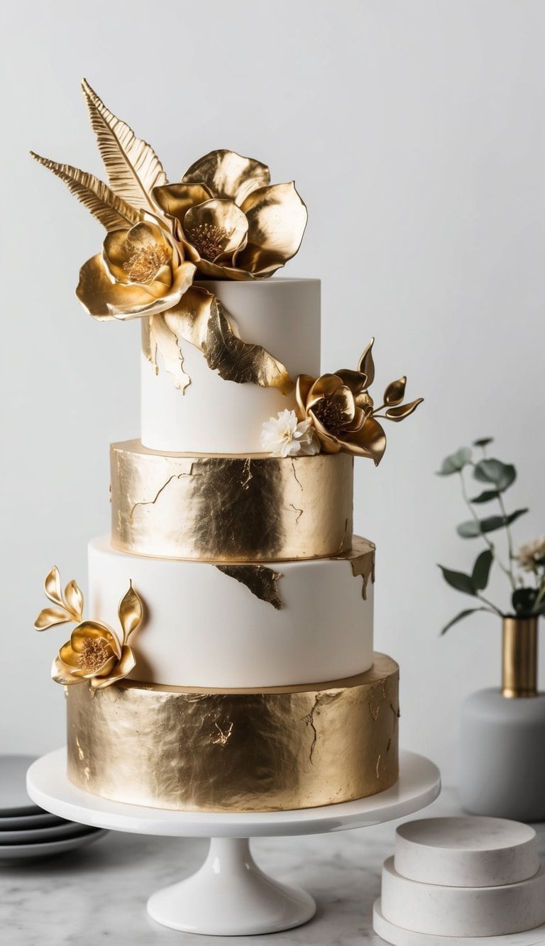 A luxurious cake adorned with gold leaf and metallic finishes, showcasing intricate and elegant designs