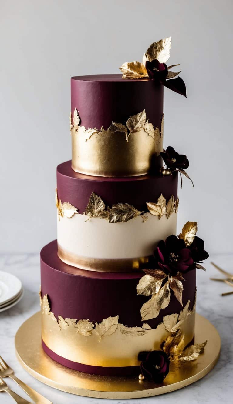 A decadent burgundy and gold cake adorned with shimmering gold leaf and metallic accents