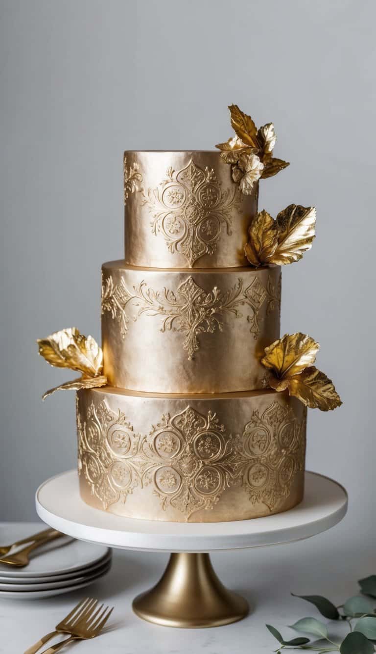 A decadent cake with a gold embossed surface, adorned with intricate metallic designs and shimmering gold leaf accents