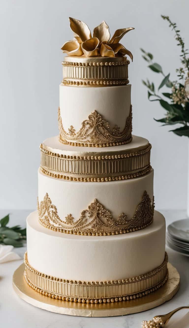 A lavish cake with gold beaded borders and intricate metallic designs