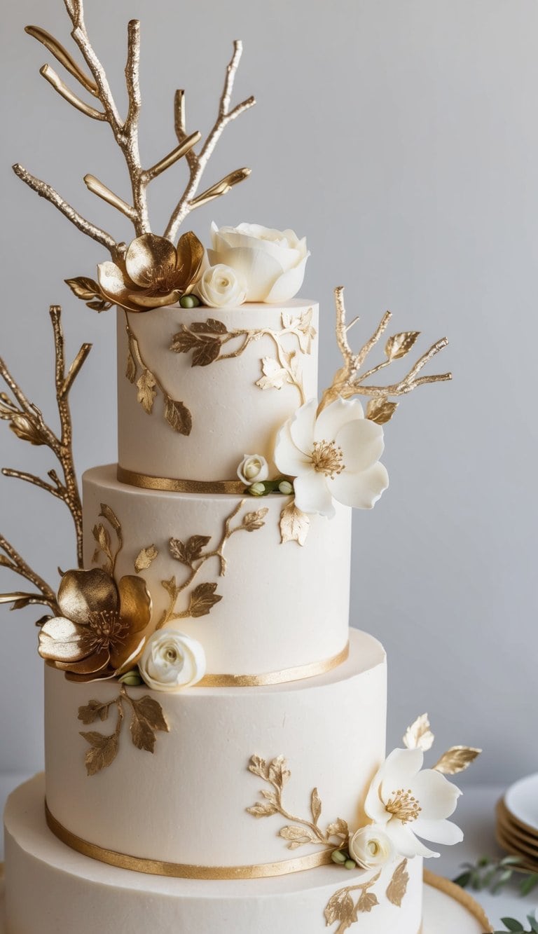 A decadent cake adorned with gold branches and blooms, shimmering with metallic accents