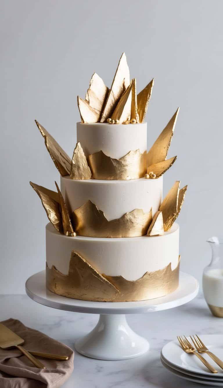 Gold-painted chocolate shards arranged on a luxurious cake with metallic accents
