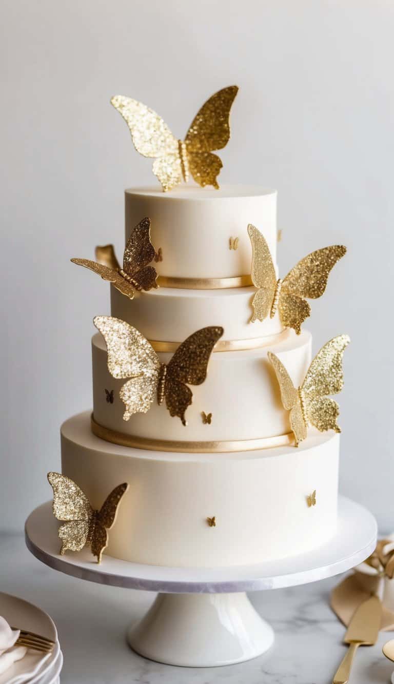 A stunning cake adorned with glittering gold butterflies and metallic gold leaf accents