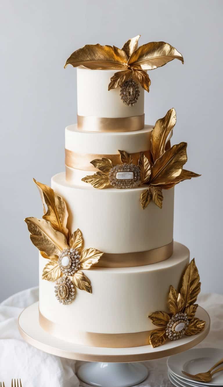 A lavish cake adorned with vintage gold brooches and metallic gold leaf decorations