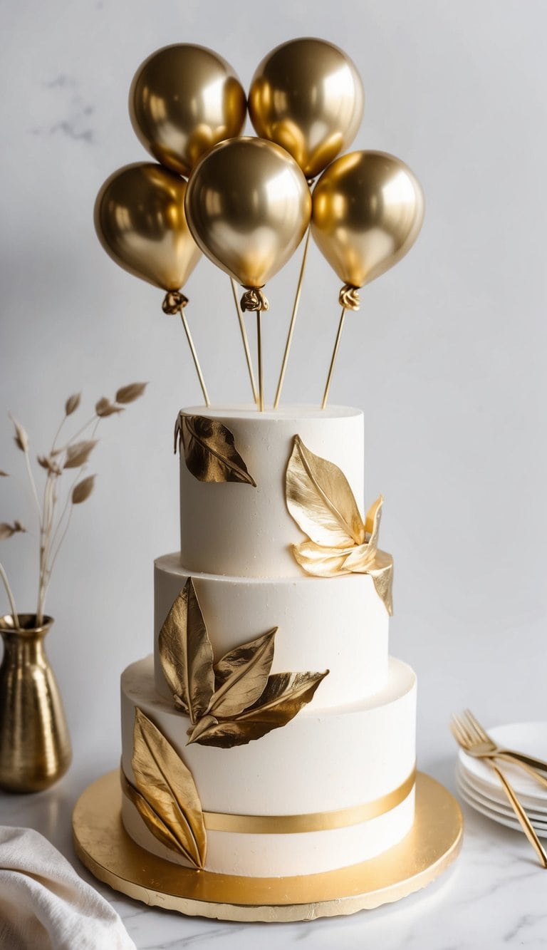 A decadent cake adorned with gold balloon cake toppers and metallic gold leaf accents