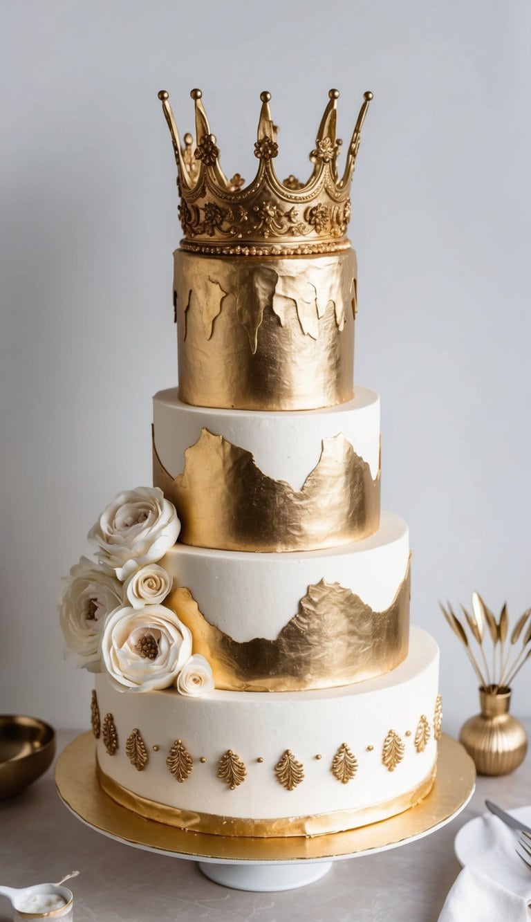 A decadent three-tiered cake adorned with gold leaf and metallic finishes, topped with a luxurious gold crown cake topper
