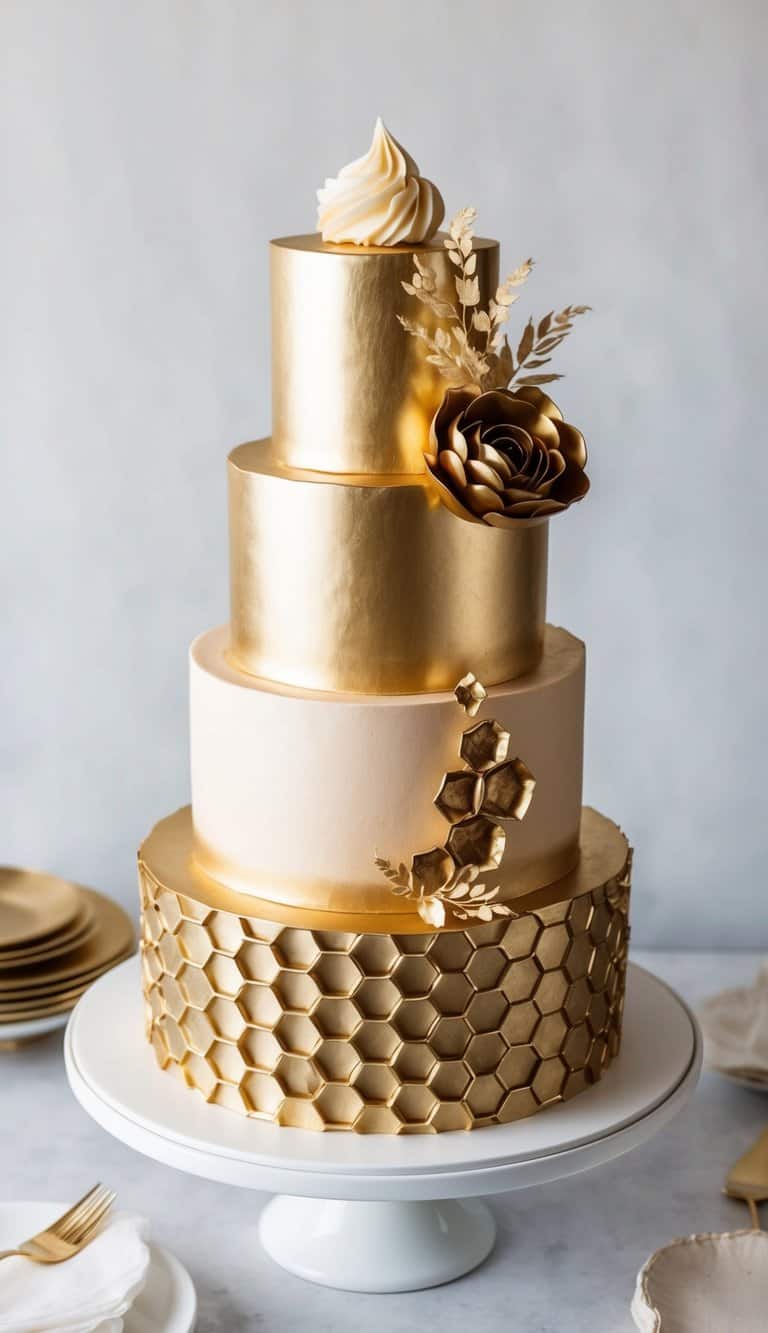 A decadent cake adorned with gold honeycomb design and metallic finishes
