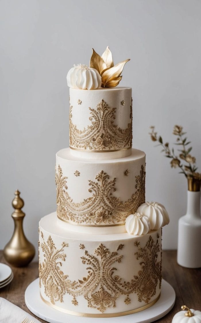 A three-tiered white cake decorated with ornate gold patterns, gold leaves, and white sugar flowers, displayed on a wooden table with elegant gold and white tableware and a vase with small branches in the background.