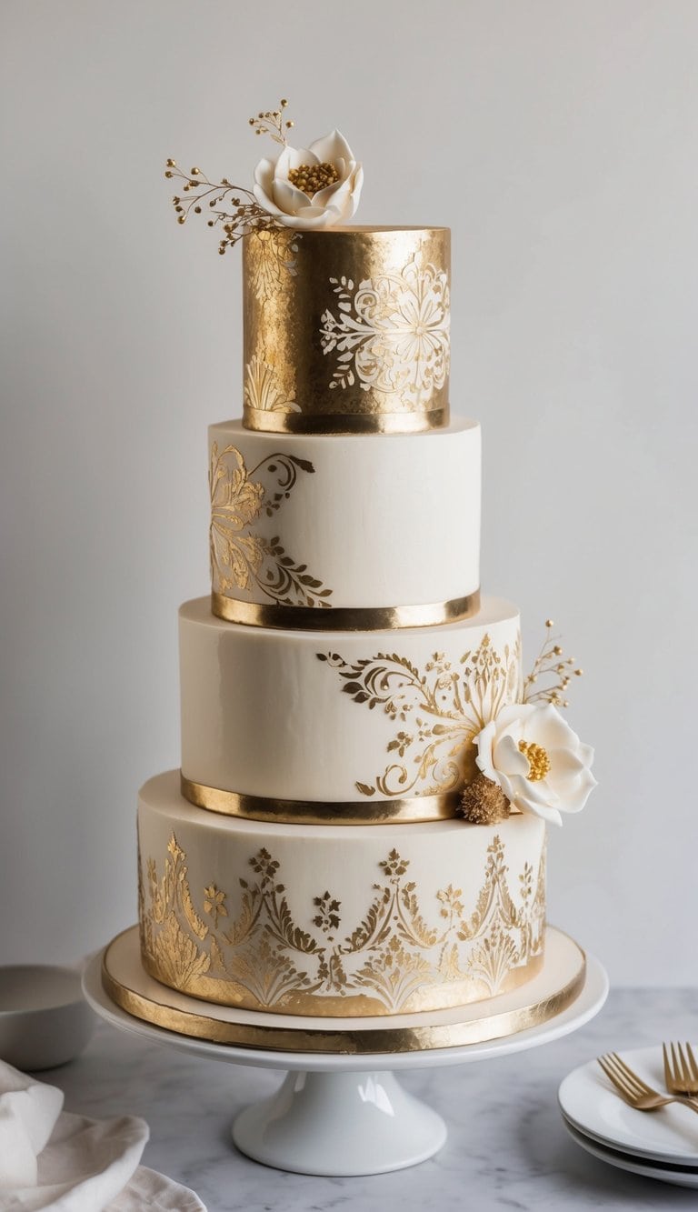 A decadent cake adorned with intricate gold stencil art and shimmering metallic finishes