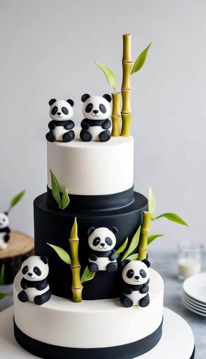 A three-tiered cake decorated in black and white with fondant pandas and bamboo stalks. The cake has a playful, modern design, with panda figurines sitting on each tier and green fondant leaves for detail.