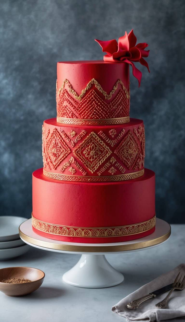 A vibrant red cake adorned with intricate patterns and textures, standing against a dramatic backdrop