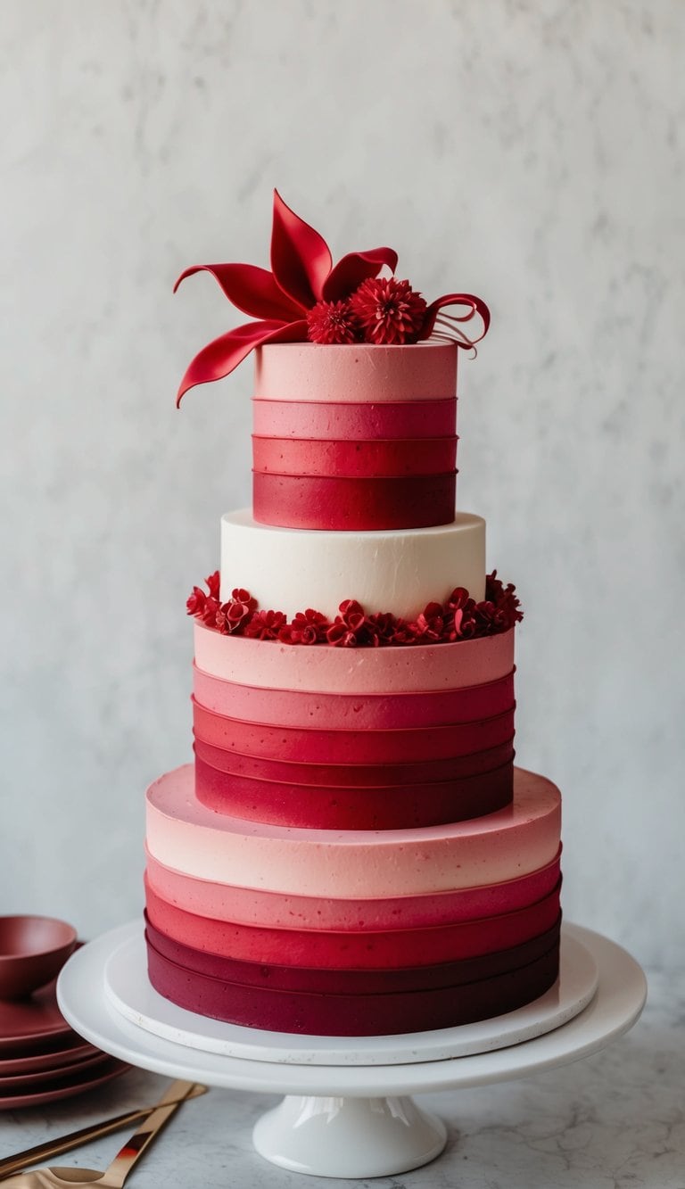 A three-tiered cake with crimson ombre layers, adorned with bold red decorations and rich textures