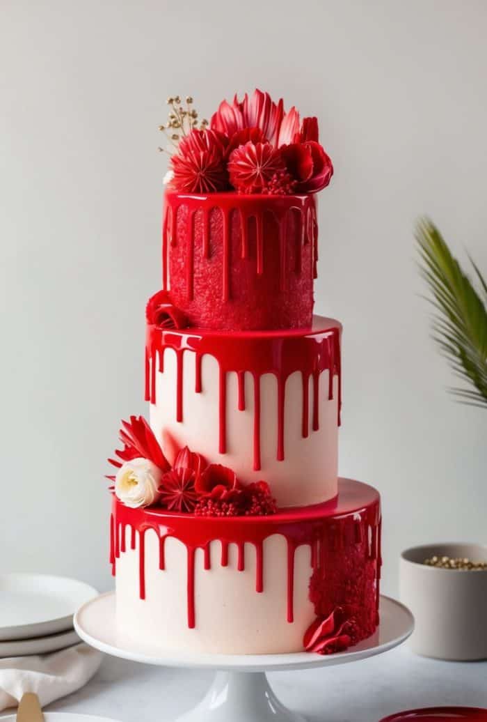 A three-tiered white cake with red drip icing, decorated with red and white flowers, sits on a white cake stand next to plates, cutlery, and a green plant in the background.