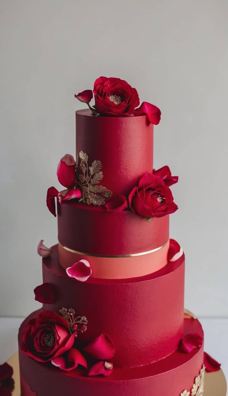 A vibrant red cake adorned with delicate rose petals and intricate decorations. Rich textures and bold colors create a striking visual display