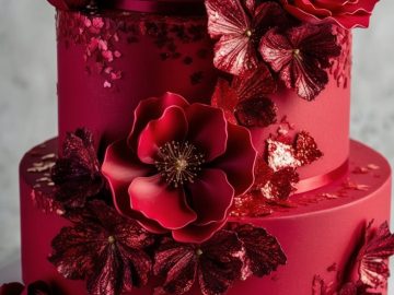 A three-tiered deep red cake decorated with large, realistic red and burgundy sugar flowers and metallic red leaves, displayed on a white cake stand.