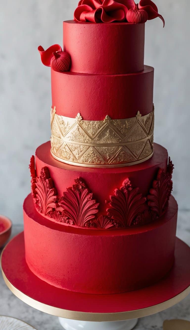 A vibrant red cake adorned with intricate designs and rich textures