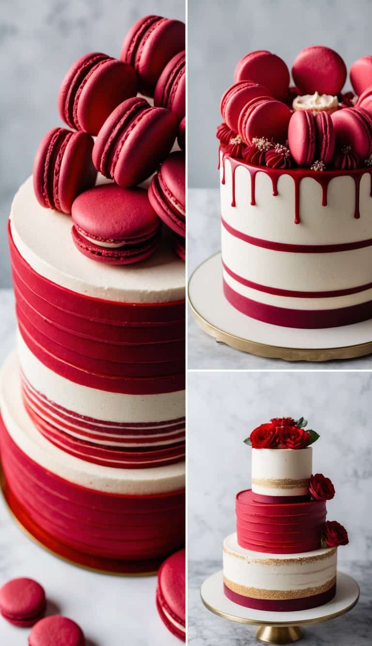 A display of ruby red macarons and bold red-themed cakes with rich textures