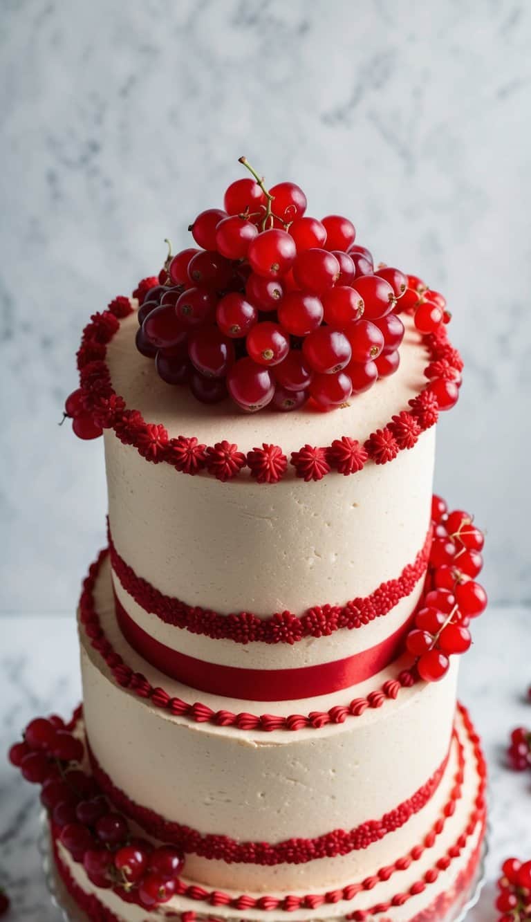 A vibrant red currant garnish sits atop a decadent cake, surrounded by bold and striking red-themed decorations with rich textures