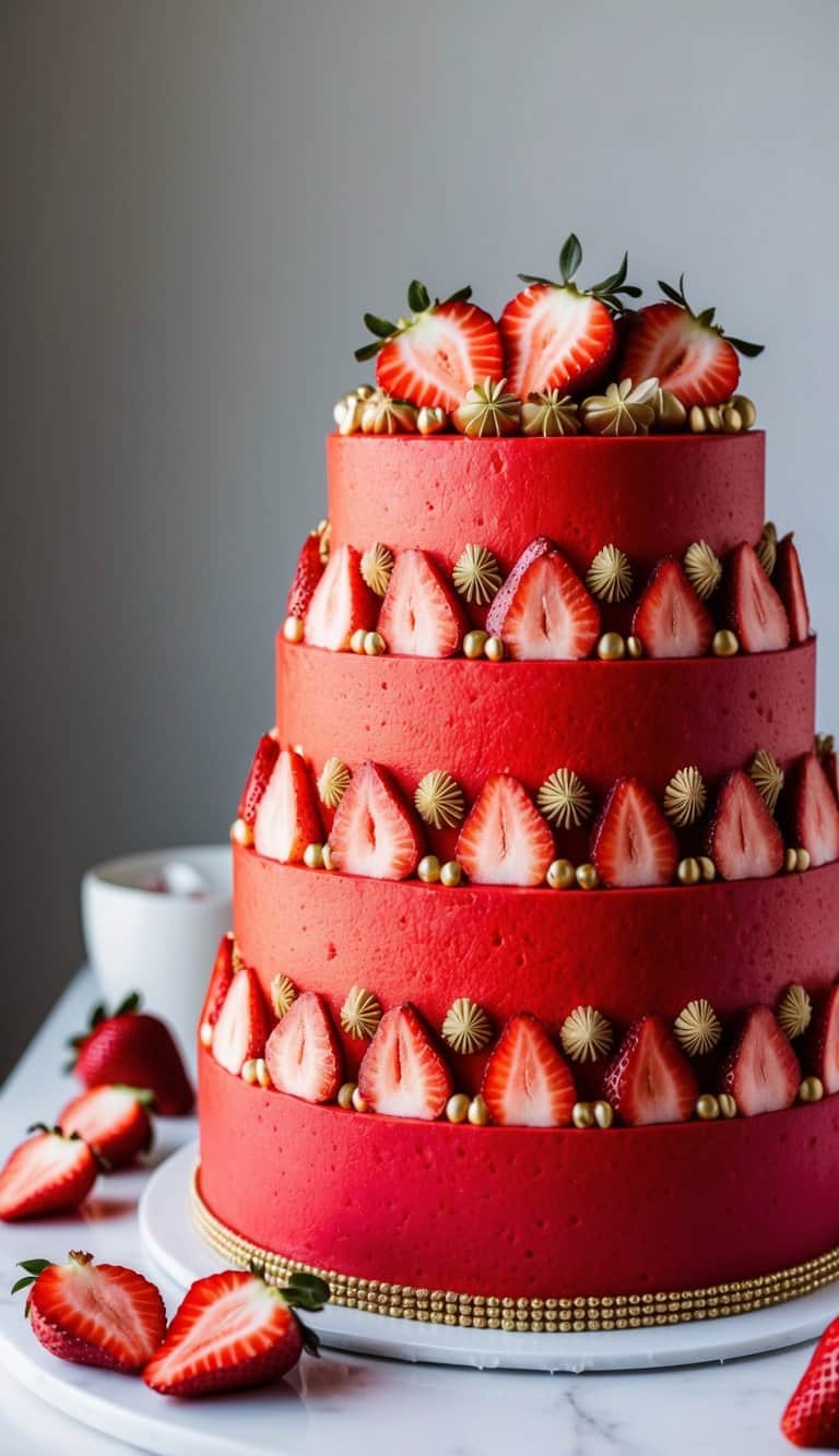A vibrant red cake adorned with layers of sliced strawberries and decorative elements. Rich textures and bold colors create a visually striking dessert