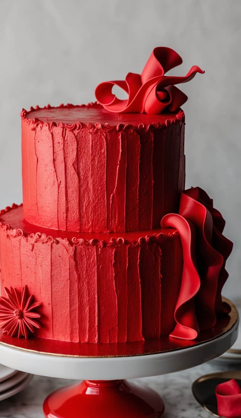 A vibrant red cake with intricate textures and bold decorations