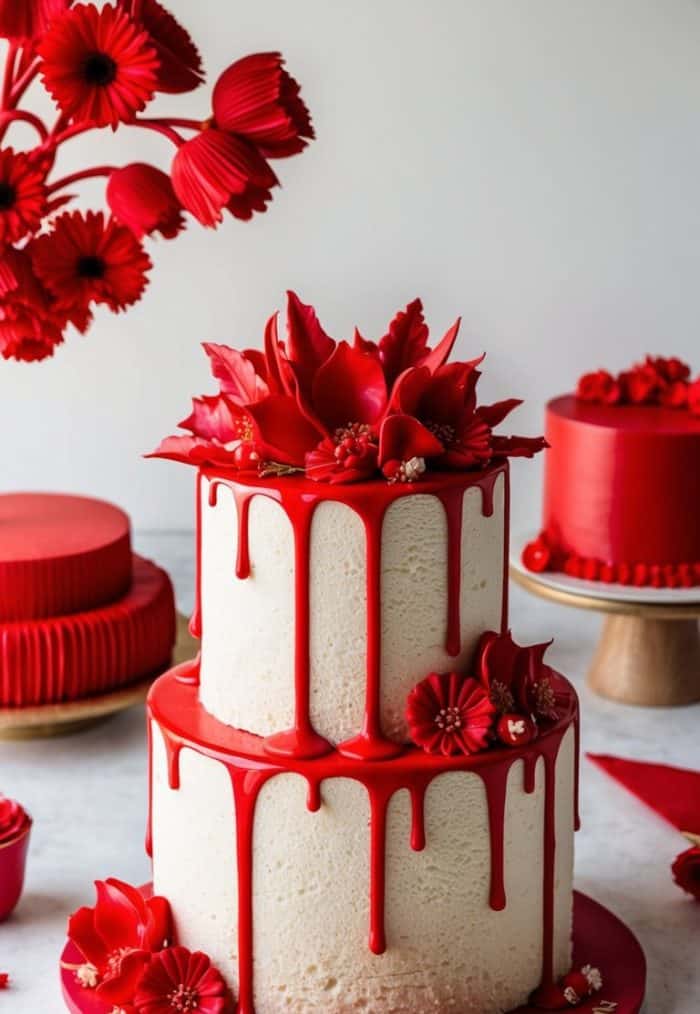 A two-tier white cake with red drip icing, decorated with red fondant flowers and leaves. The cake sits on a red cake board, surrounded by other red-themed cakes and a matching floral arrangement.