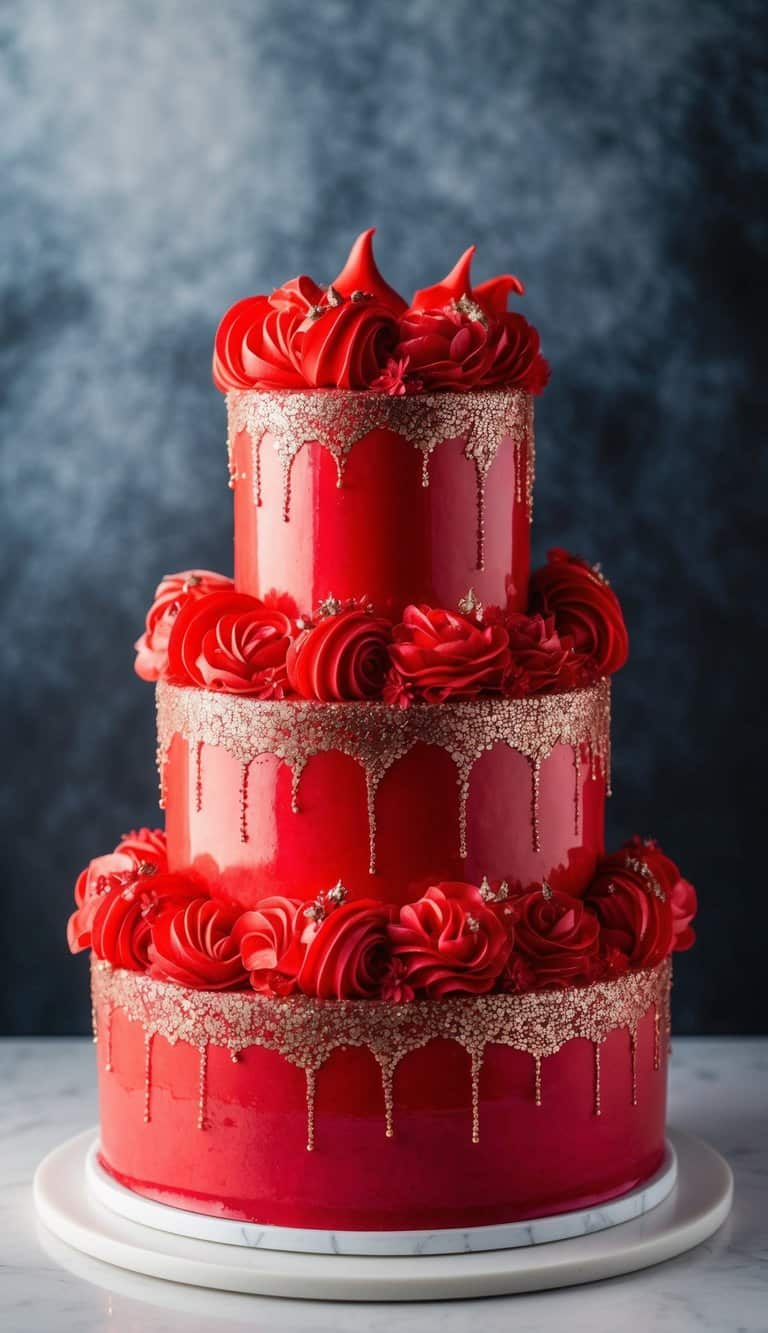 A vibrant red cake adorned with intricate frosting swirls and shimmering glaze, set against a dramatic backdrop