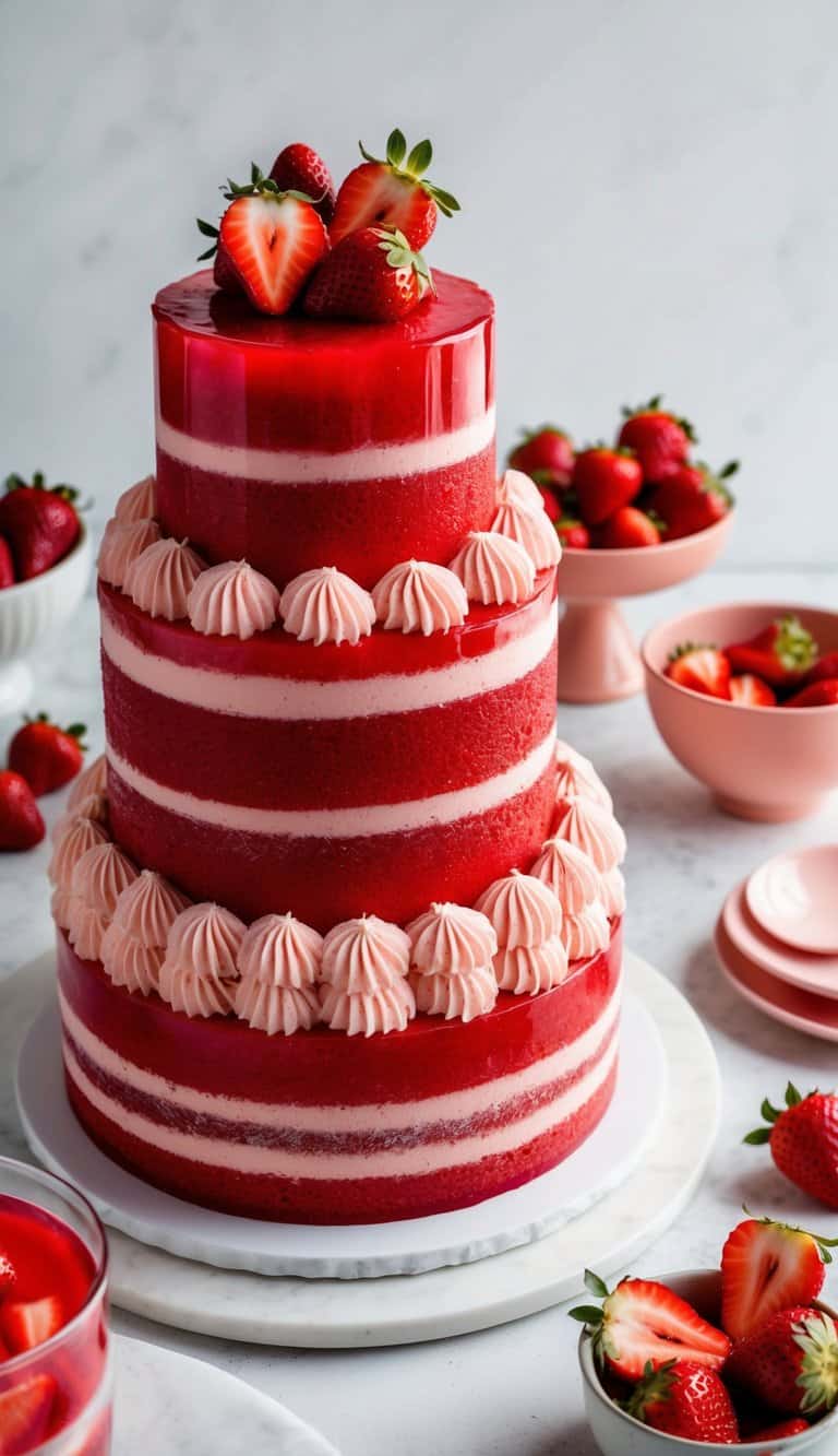 A vibrant red cake topped with strawberry gelatin, surrounded by bold and striking decorations with rich textures