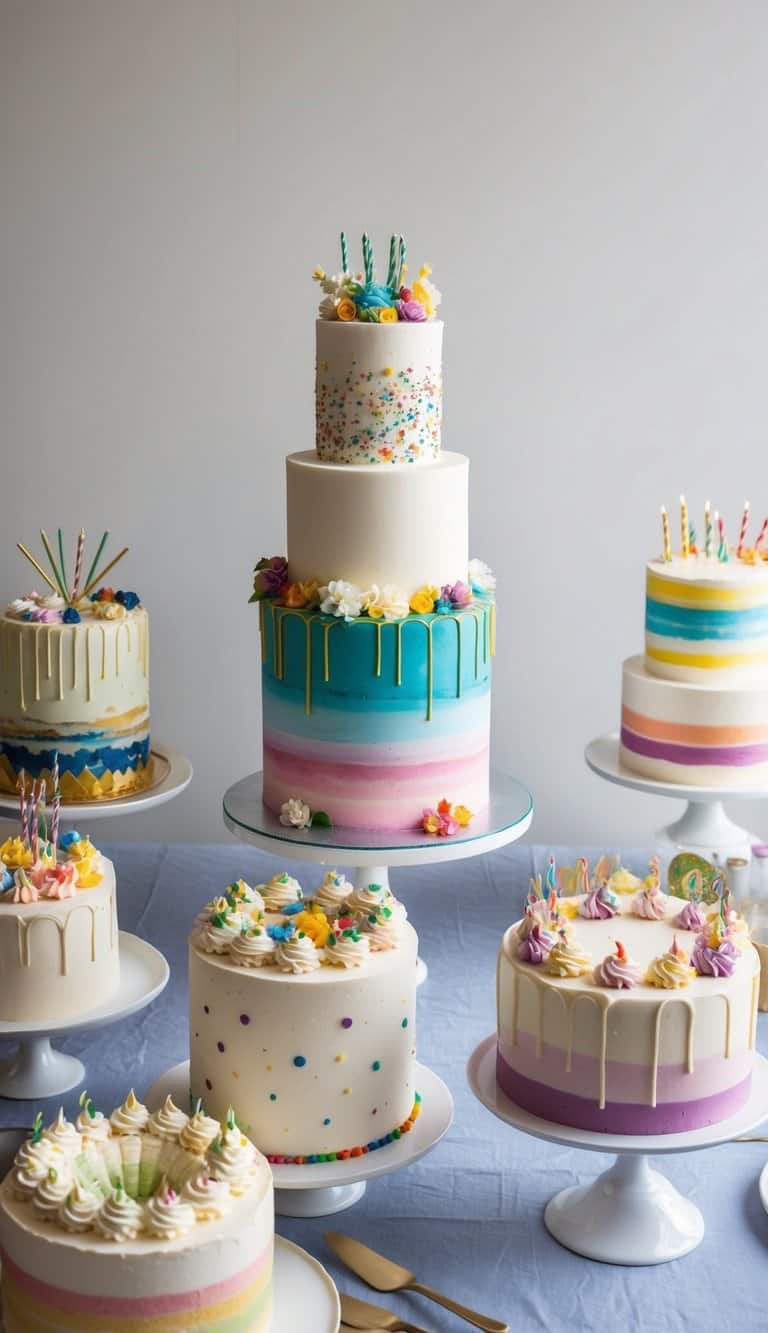 A colorful array of birthday cakes with various designs and decorations displayed on a table