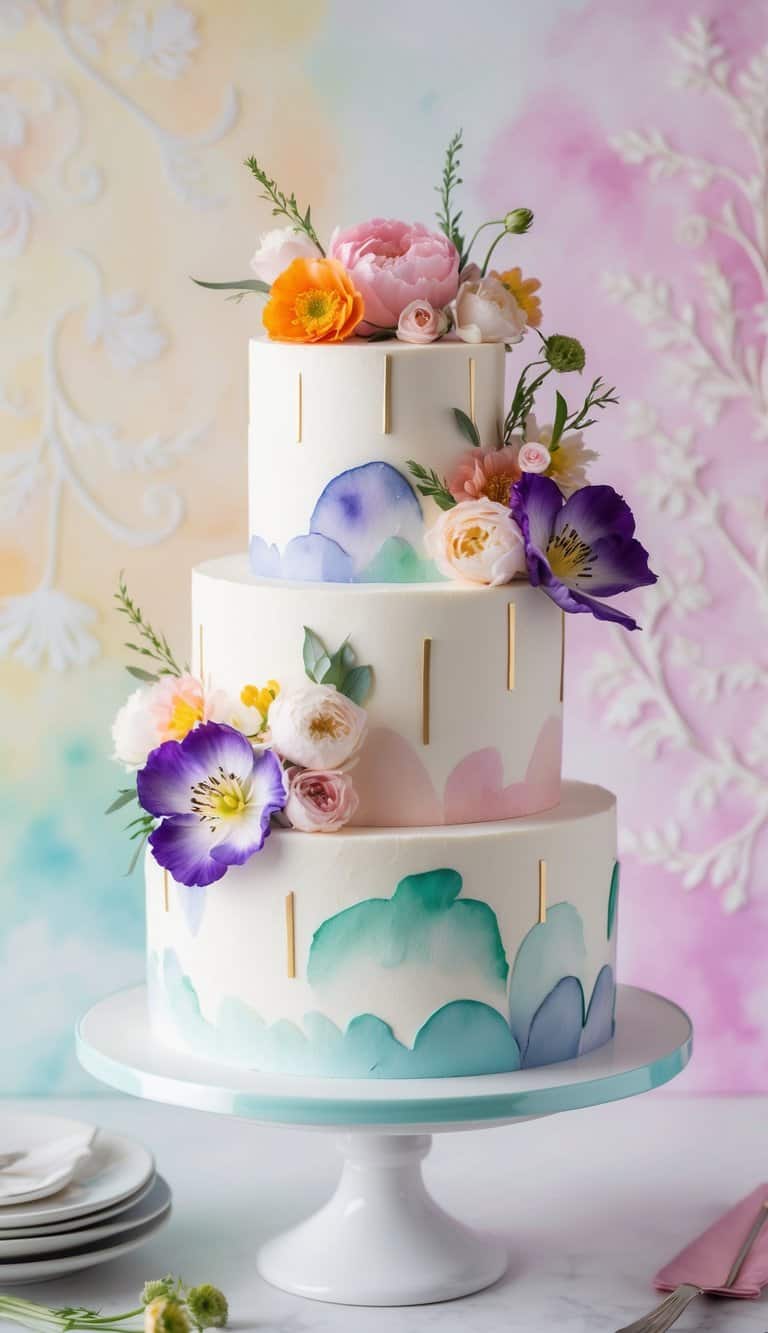A watercolor buttercream cake adorned with vibrant flowers and unique decorative elements, set against a whimsical backdrop of pastel hues and delicate patterns