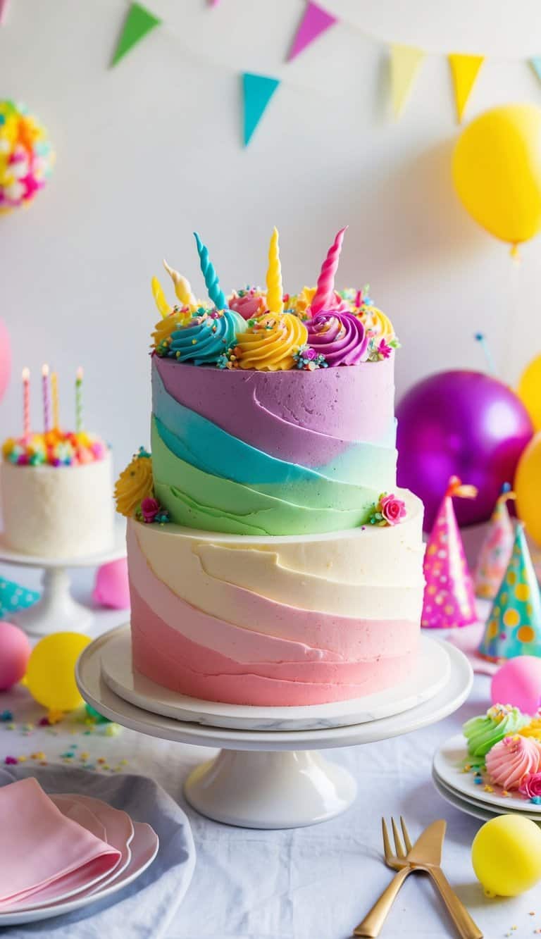 A colorful rose swirl cake with vibrant frosting and decorative toppings sits on a table surrounded by festive birthday decorations
