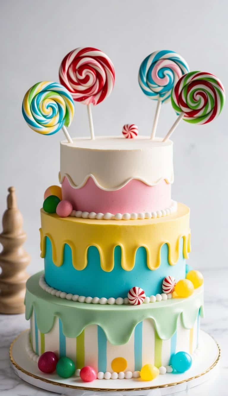 A colorful Candyland cake with lollipops, candy canes, and gumdrops as decorations