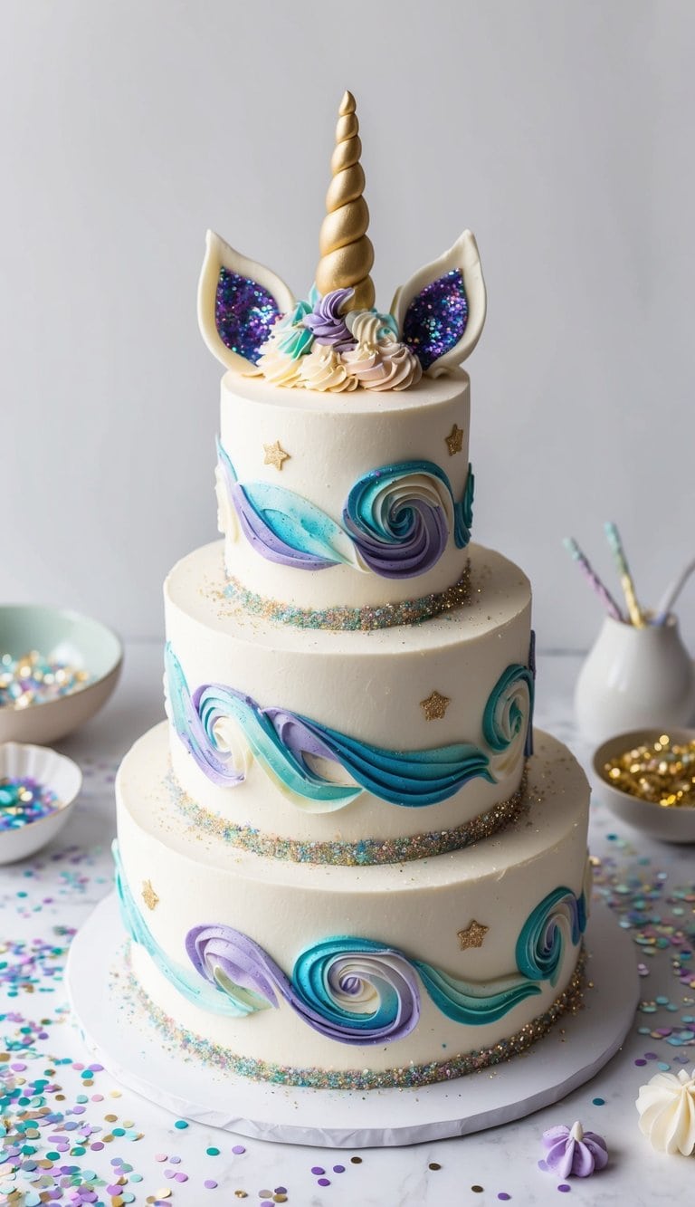 A unicorn cake with colorful swirls and edible glitter, surrounded by sparkly confetti and magical decorations