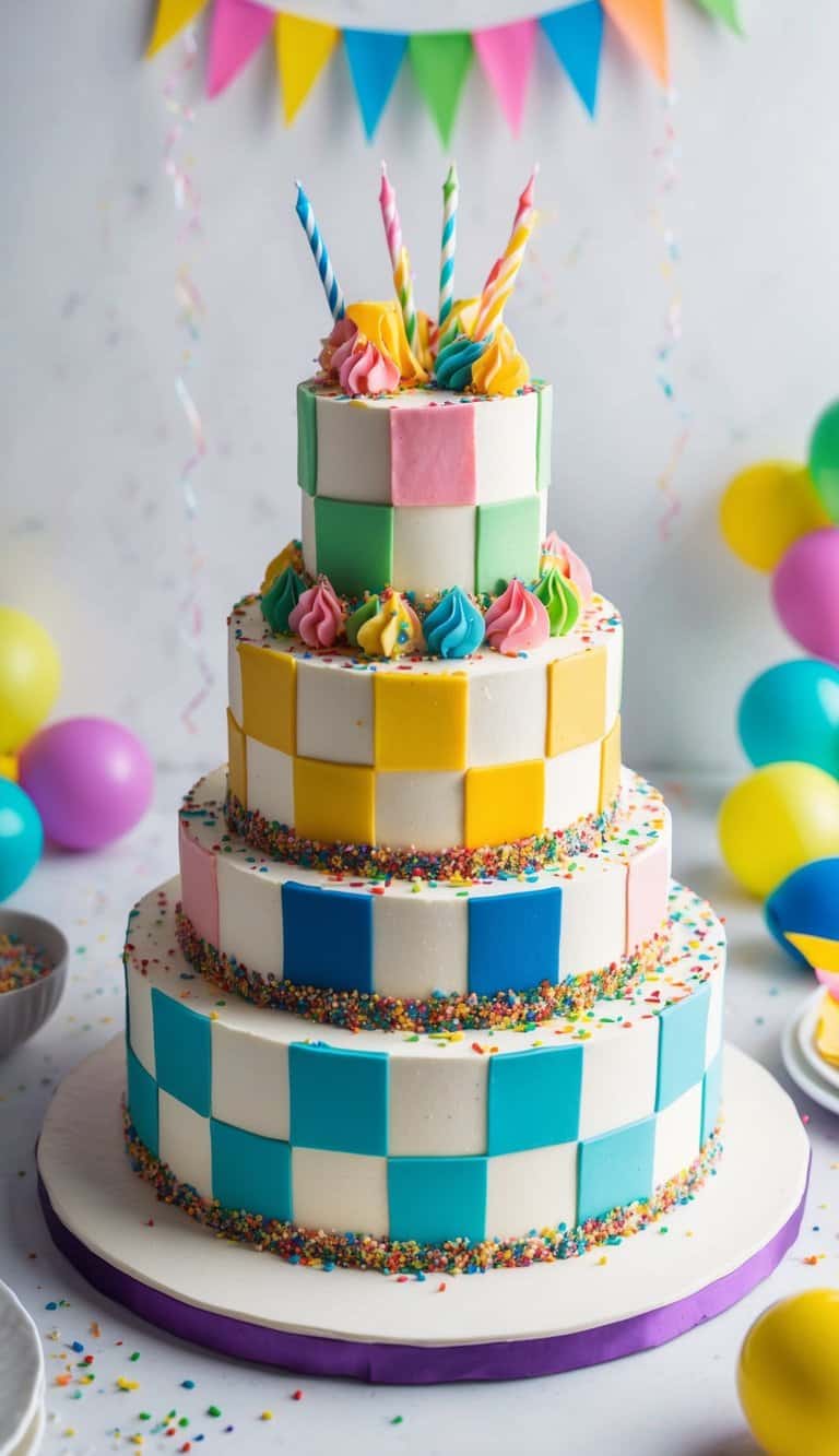A checkerboard pattern cake with colorful frosting and sprinkles, surrounded by vibrant birthday decorations