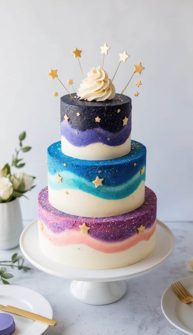 A galaxy sprinkle cake with colorful swirls and sparkling stars