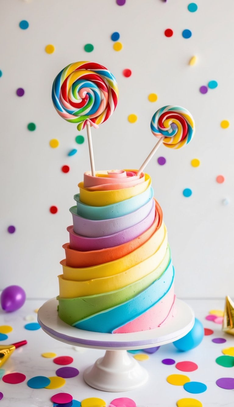 A colorful spiral lollipop cake surrounded by confetti and party decorations