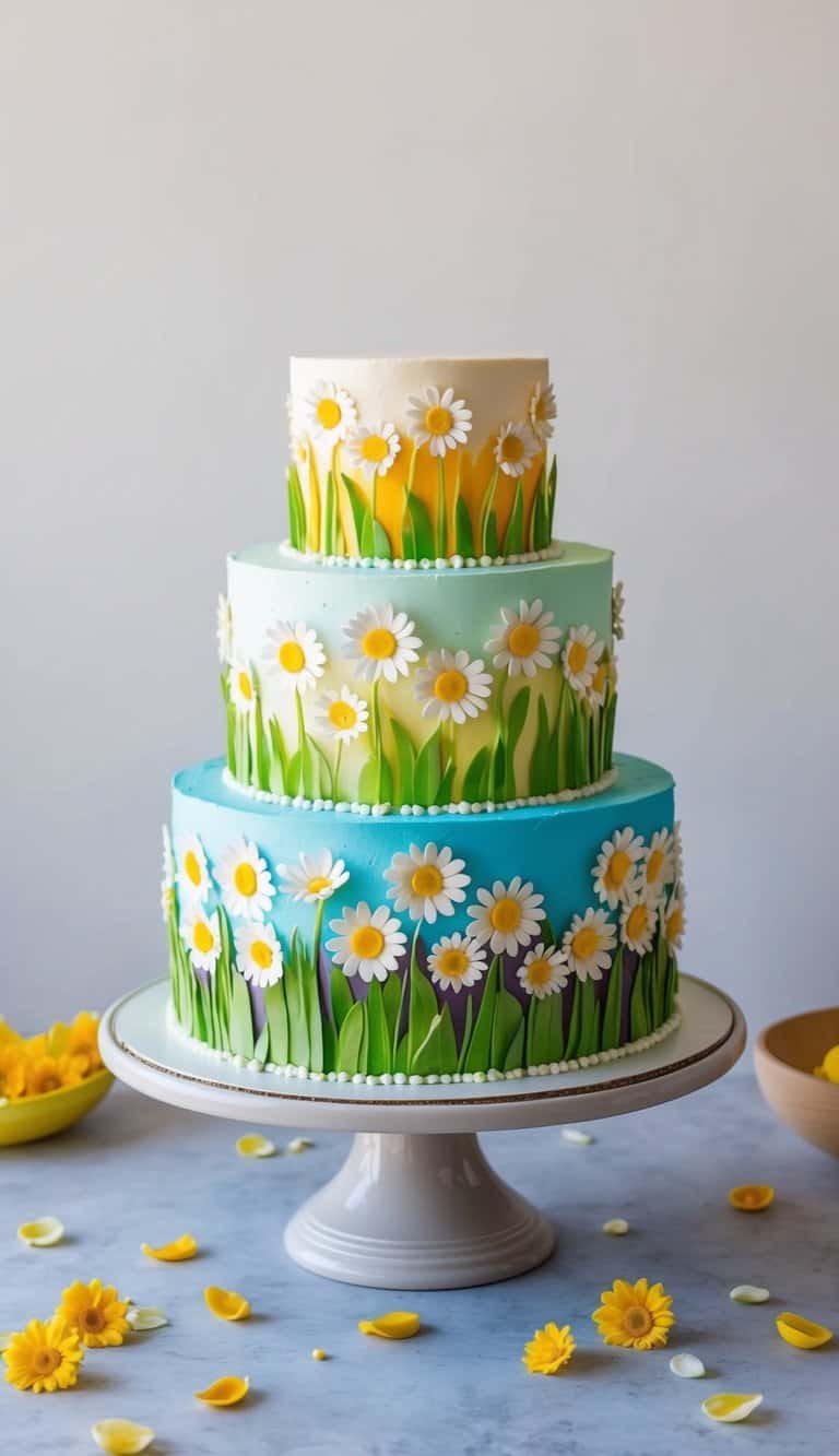 A vibrant daisy field cake with colorful frosting and edible flower decorations, set on a table with scattered flower petals