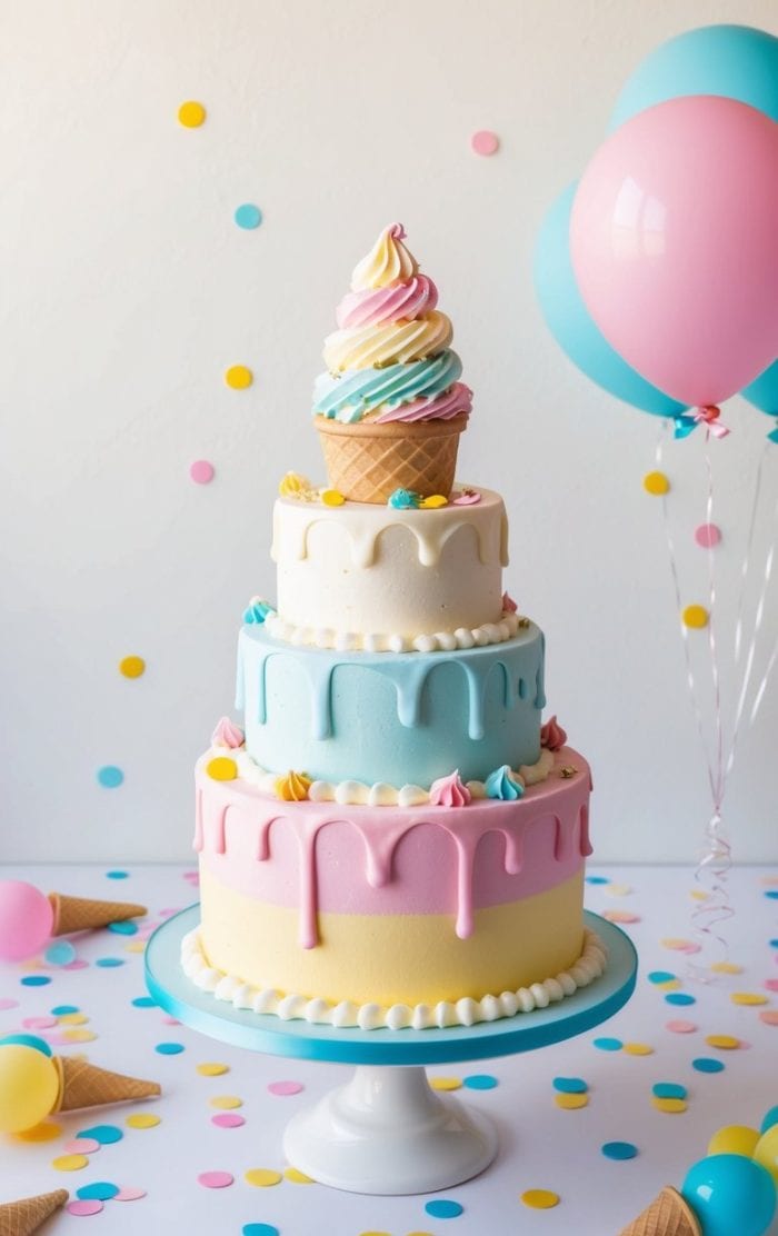 A three-tiered pastel cake with pink, blue, and white frosting, decorated with colorful dollops and topped with an ice cream cone. Balloons and confetti surround the cake, creating a festive atmosphere.